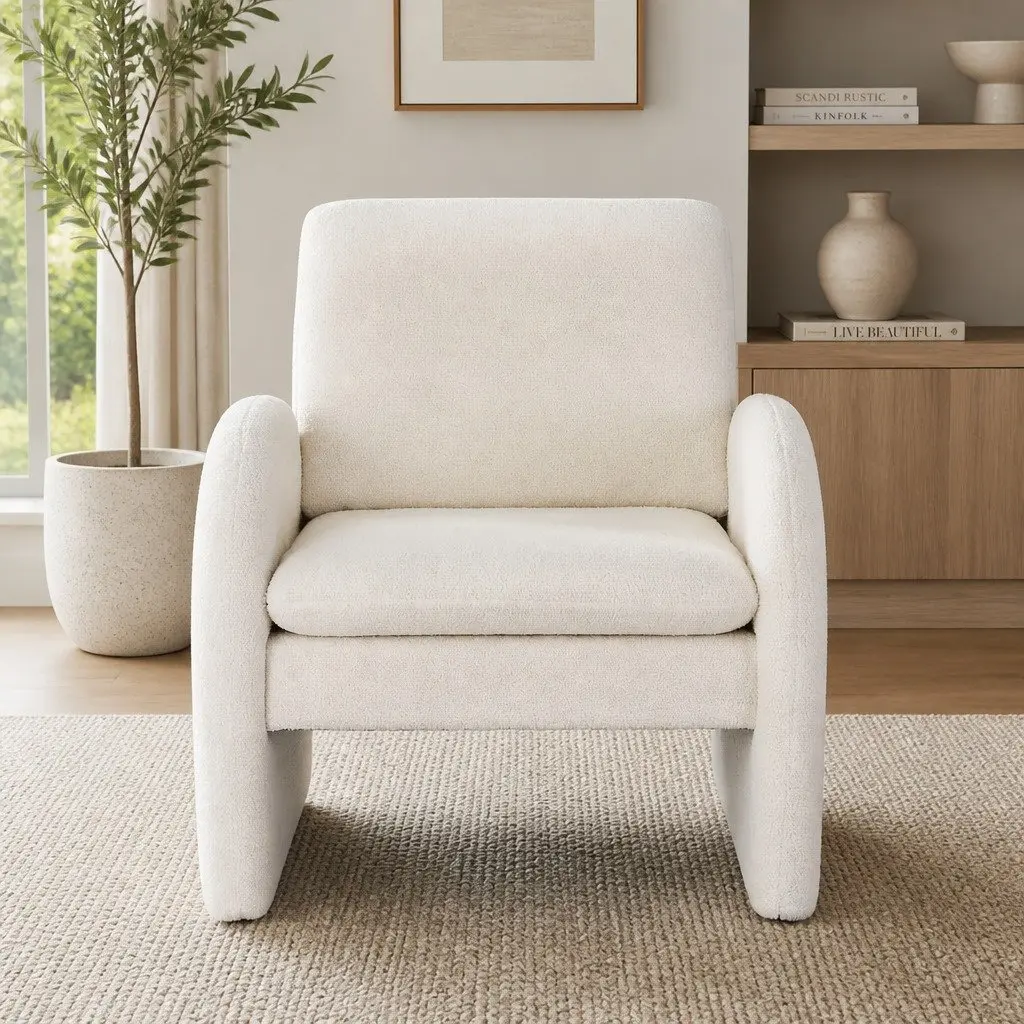 Armchair Accent Chair Boucle Upholstered Curved Arm White