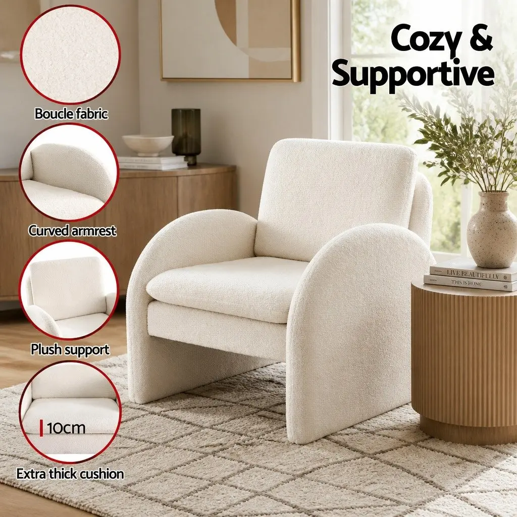 Armchair Accent Chair Boucle Upholstered Curved Arm White