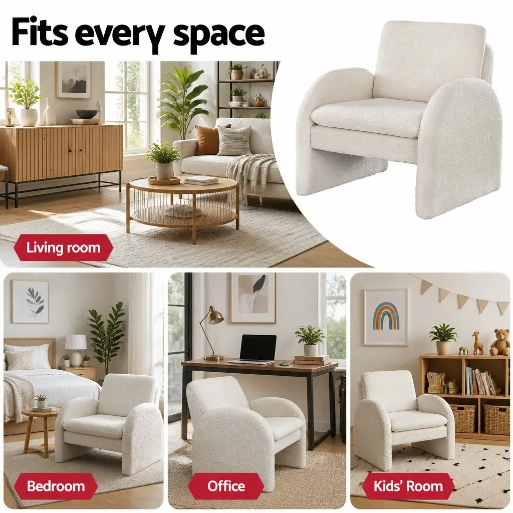 Armchair Accent Chair Boucle Upholstered Curved Arm White