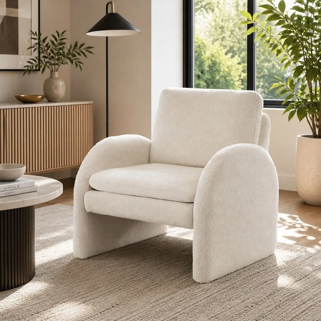 Armchair Accent Chair Boucle Upholstered Curved Arm White