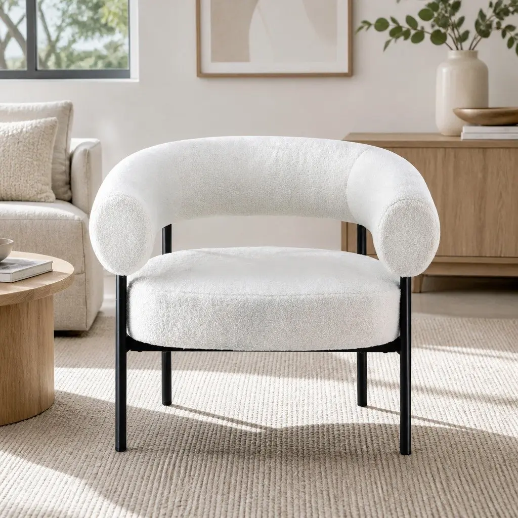 Armchair Curved Boucle White Modern Living Room Seating