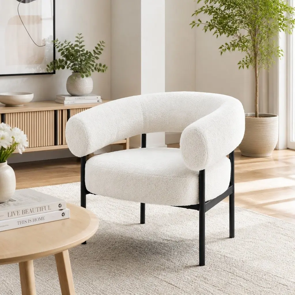 Armchair Curved Boucle White Modern Living Room Seating