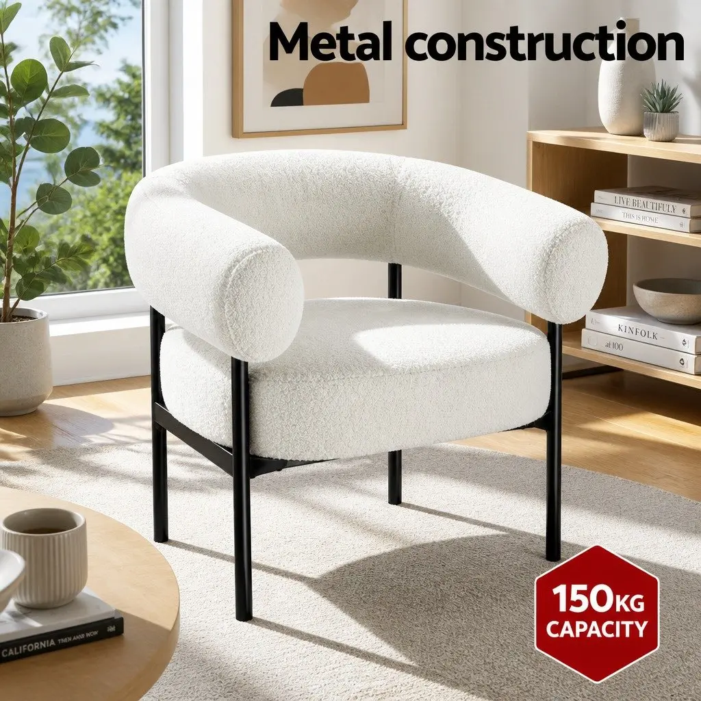 Armchair Curved Boucle White Modern Living Room Seating