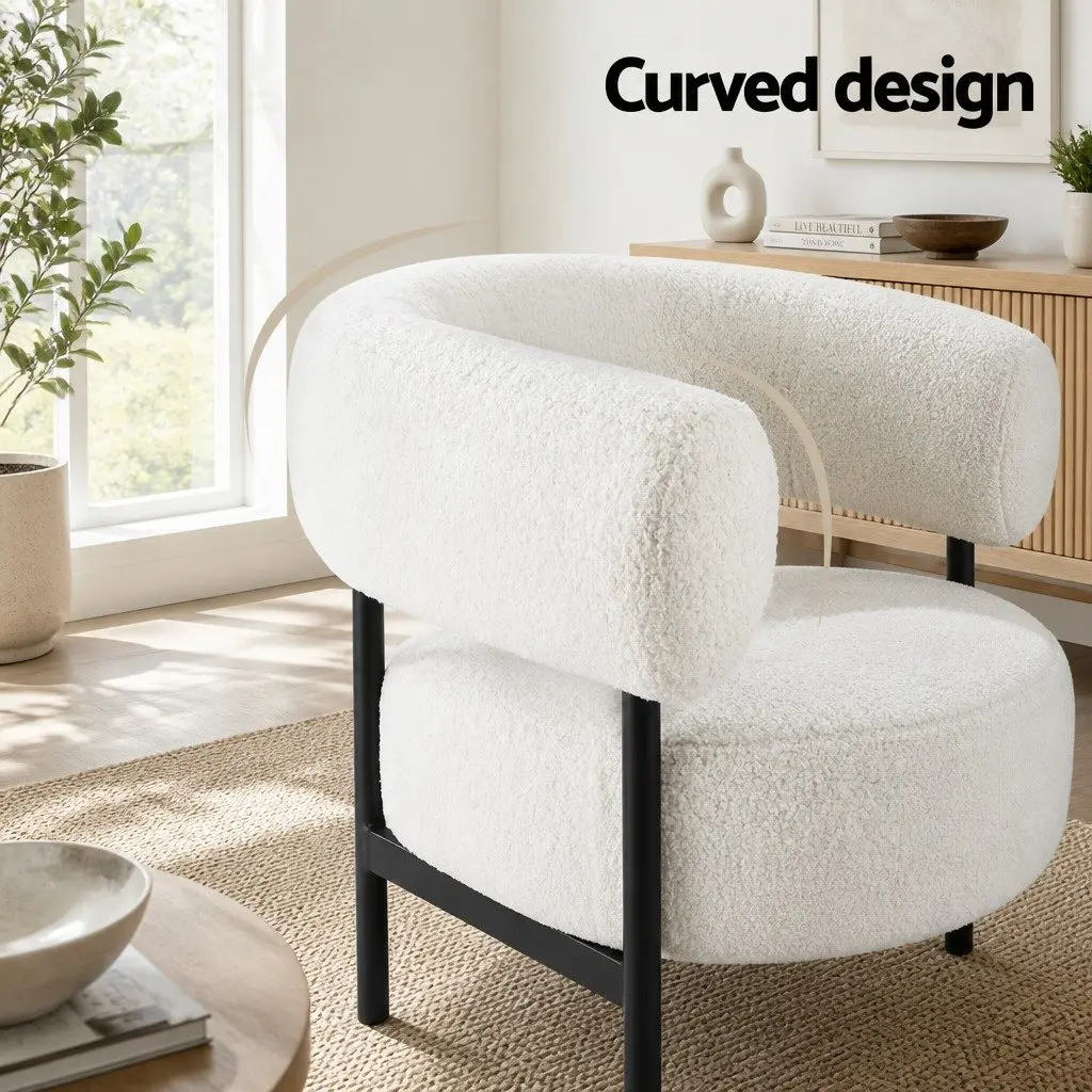 Armchair Curved Boucle White Modern Living Room Seating