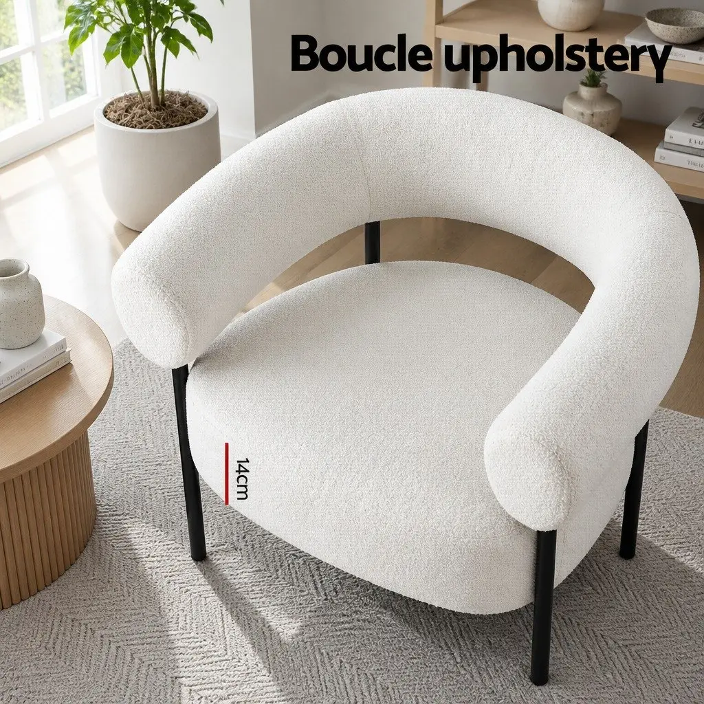 Armchair Curved Boucle White Modern Living Room Seating