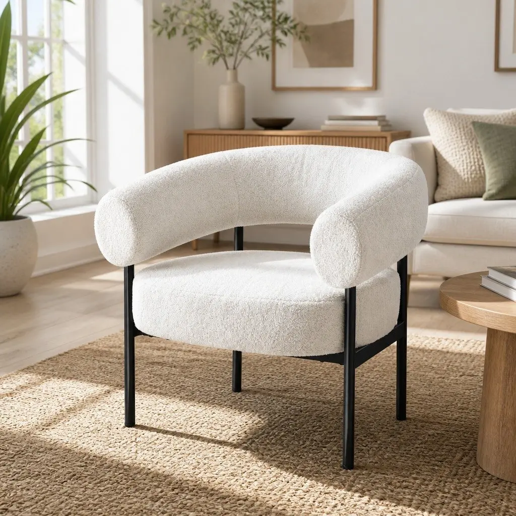 Armchair Curved Boucle White Modern Living Room Seating