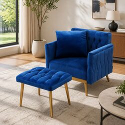 Friendly Blue Velvet Armchair with Ottoman