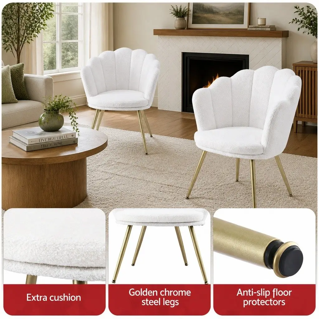 Armchair Teddy Fleece White Shell Back Accent Chair Wooden Frame Metal Legs