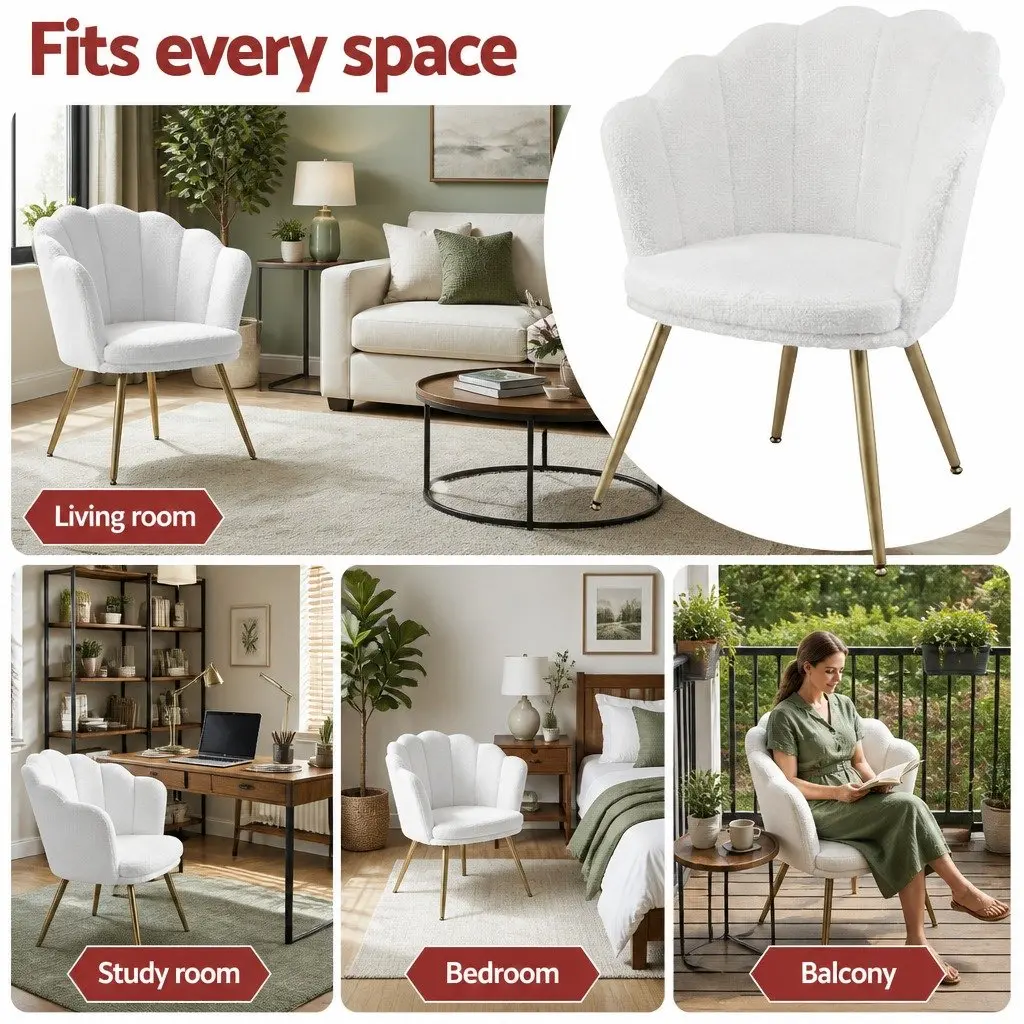 Armchair Teddy Fleece White Shell Back Accent Chair Wooden Frame Metal Legs