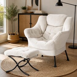 Armchair Accent Chair with Ottoman Lounge Footrest Velvet Beige Modern Home