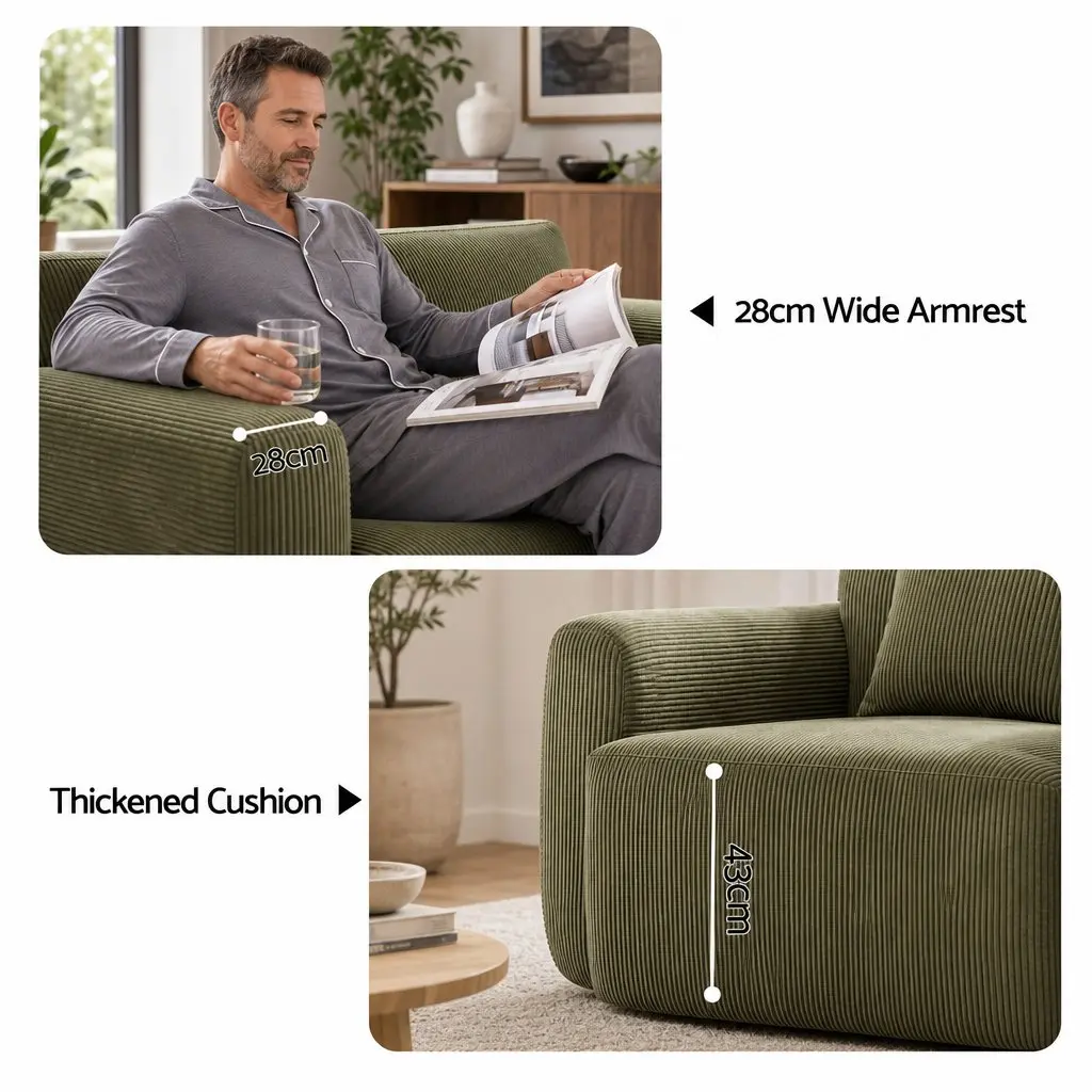 Armchair Sofa with Cushion Corduroy Frameless Design No Assembly Green