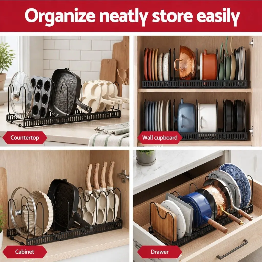 Pots and Pans Organizer Rack Expandable Adjustable Base 59cm x 20cm x 19.5cm