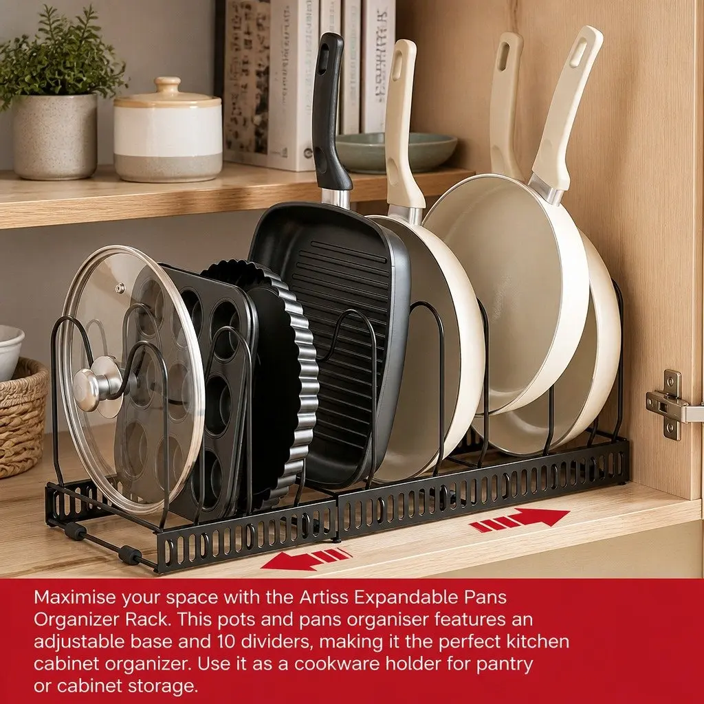 Pots and Pans Organizer Rack Expandable Adjustable Base 59cm x 20cm x 19.5cm