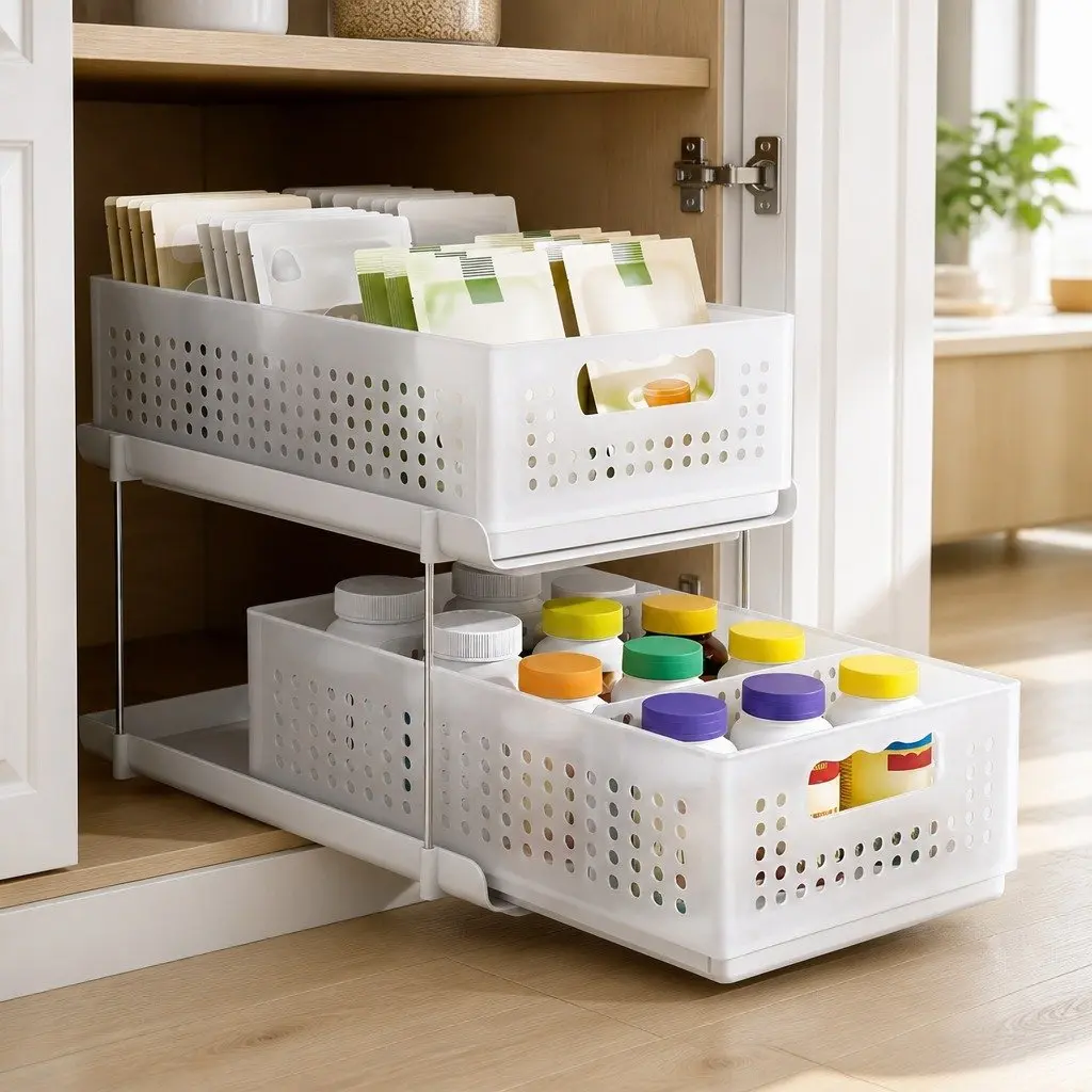 Under Sink Organizer 2 Tier Pull Out Drawer Removable Baskets Divider White