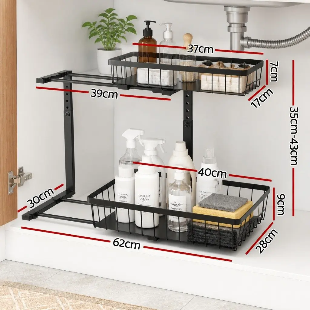 Under Sink Cabinet Organizer Storage with 2 Slide Out Drawers 5 Adjustable