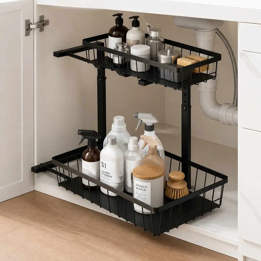 Under Sink Cabinet Organizer Storage with 2 Slide Out Drawers 5 Adjustable