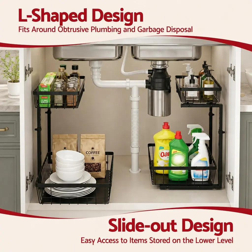 Under Sink Cabinet Organizer Storage with 2 Slide Out Drawers 5 Adjustable