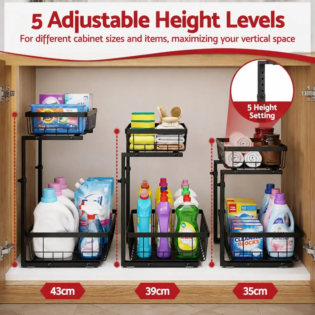 Under Sink Cabinet Organizer Storage with 2 Slide Out Drawers 5 Adjustable