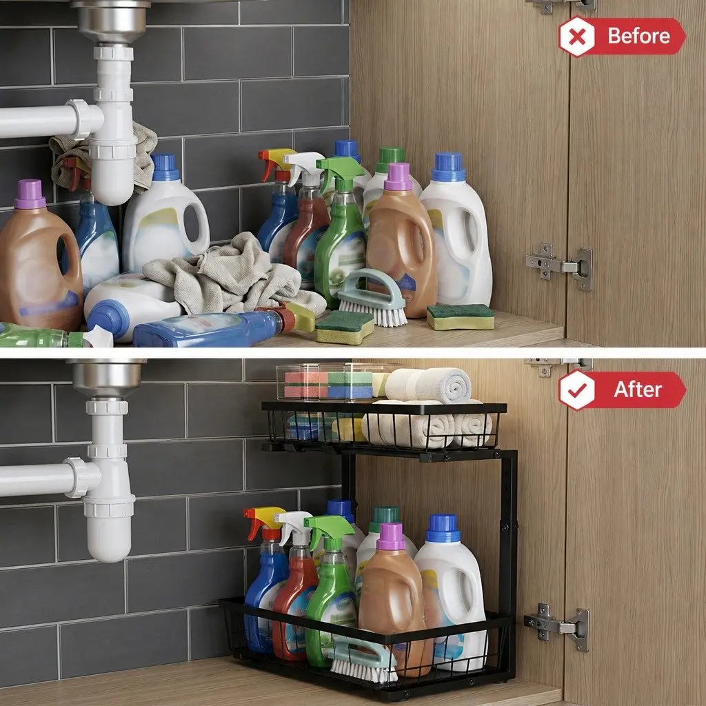 Under Sink Cabinet Organizer Storage with 2 Slide Out Drawers 5 Adjustable