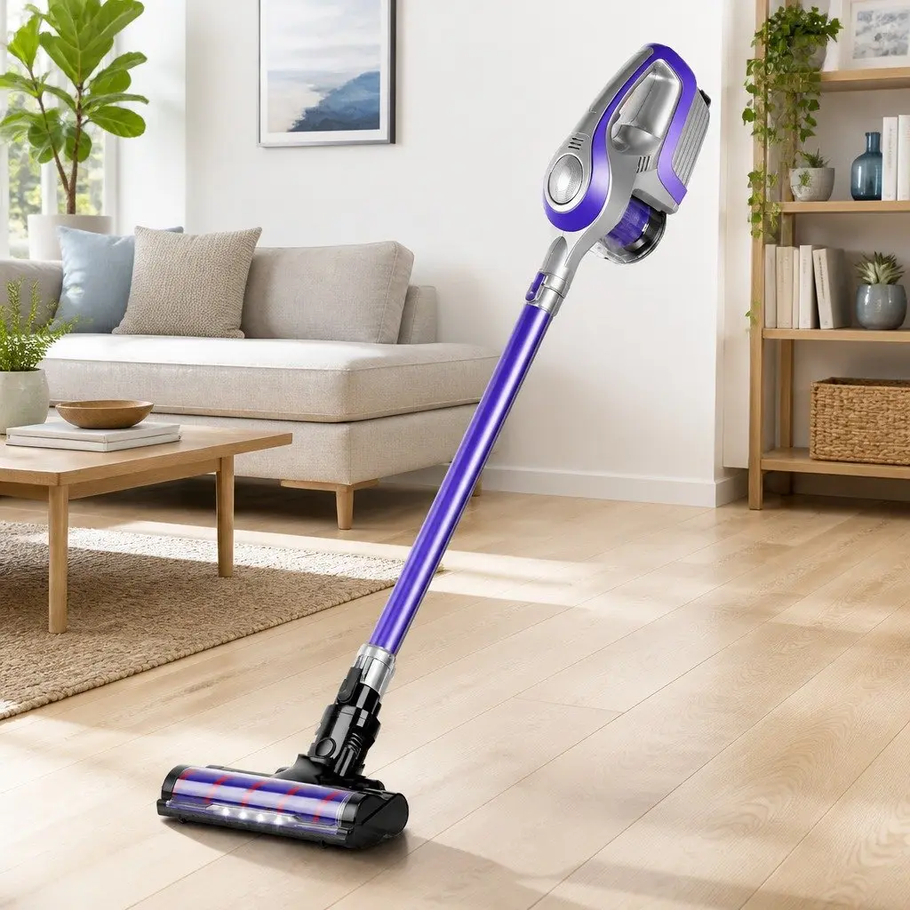 Cordless Stick Vacuum Cleaner with Motorised Roller Head and LED Light 150W Purple Grey