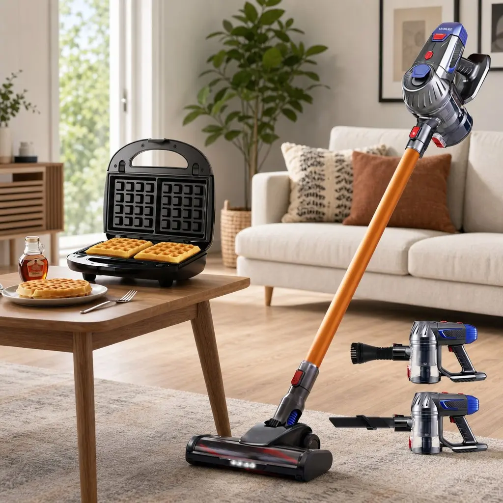 Cordless Stick Vacuum Cleaner with 10000Pa Suction Power and 3-in-1 Sandwich Maker Combo Gold Silver Black