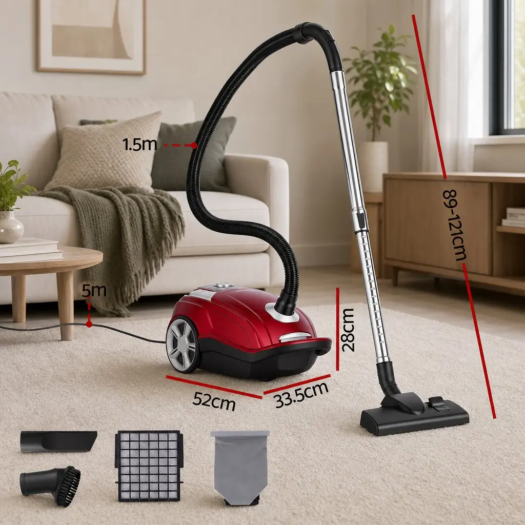 Bagged Canister Vacuum Cleaner 2000W Motor Red Powerful Suction Carpet Hard