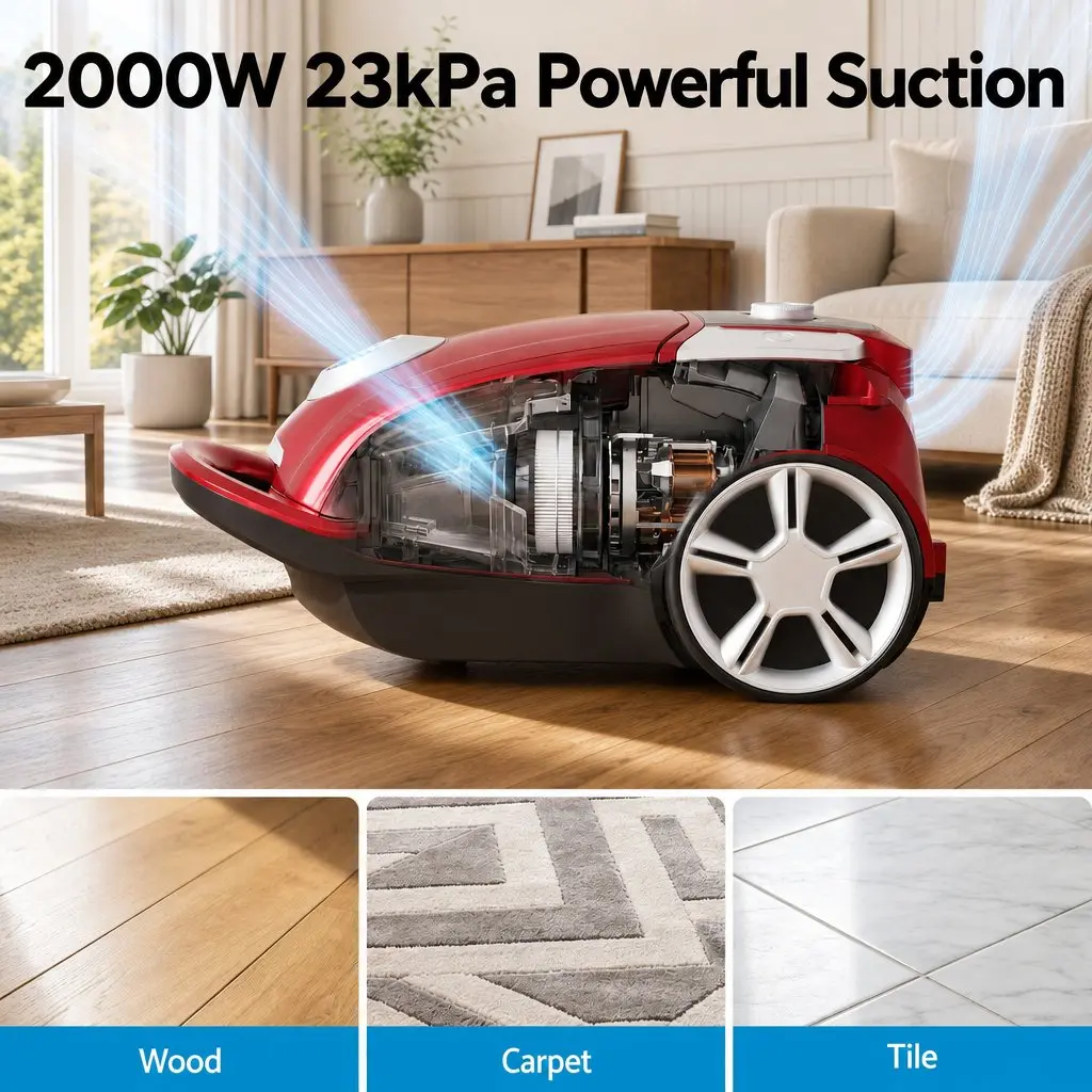 Bagged Canister Vacuum Cleaner 2000W Motor Red Powerful Suction Carpet Hard