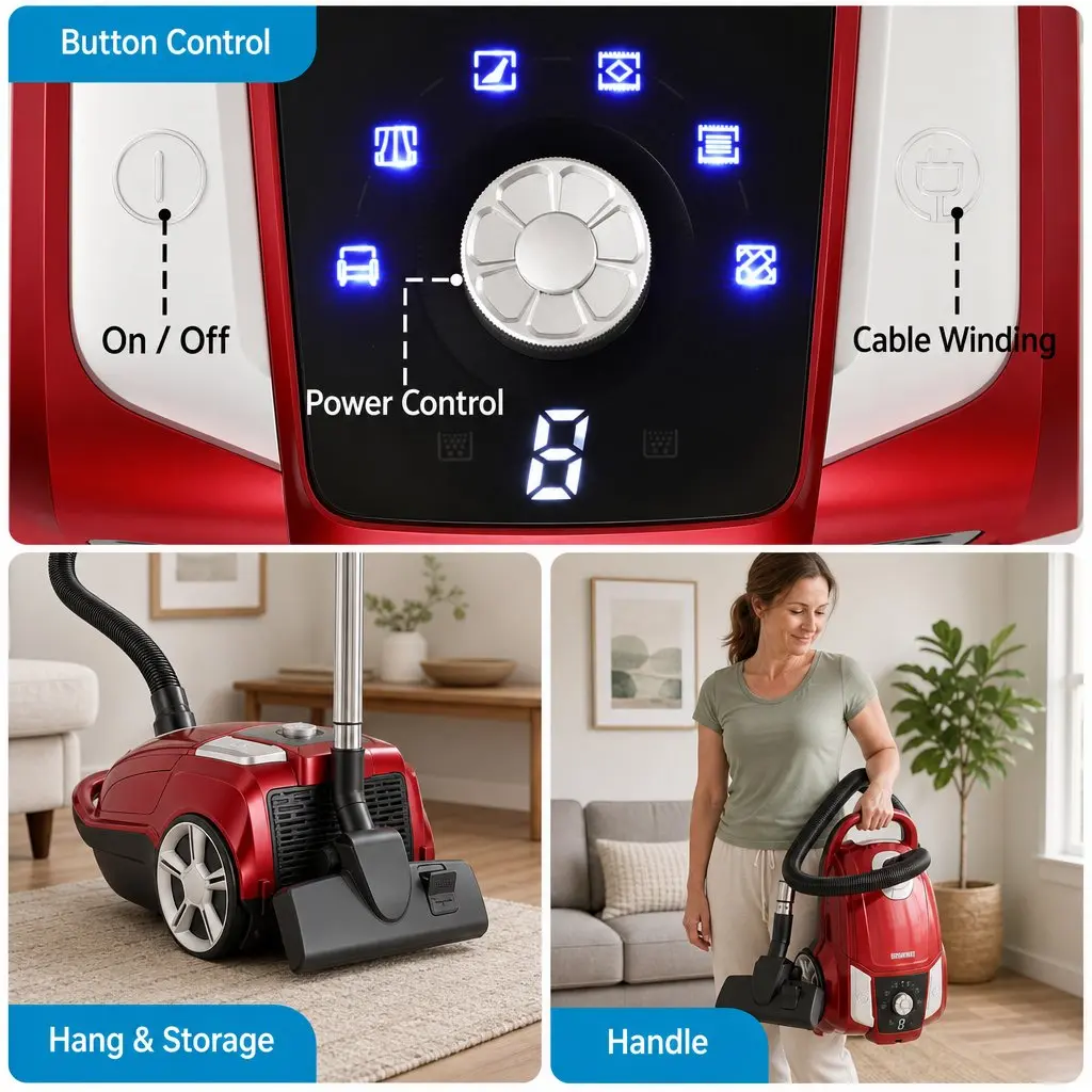 Bagged Canister Vacuum Cleaner 2000W Motor Red Powerful Suction Carpet Hard