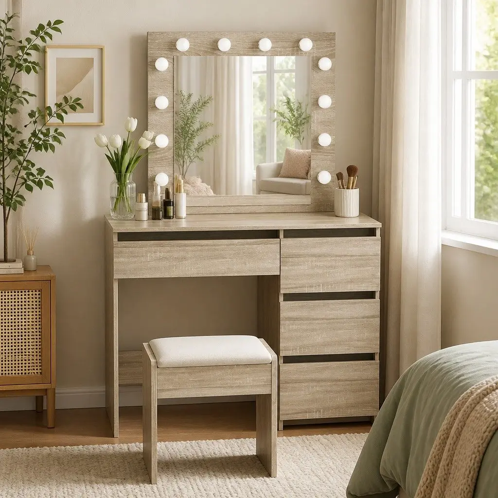 Dressing Table Vanity Set with LED Mirror Oak Size Padded Stool Makeup Storage