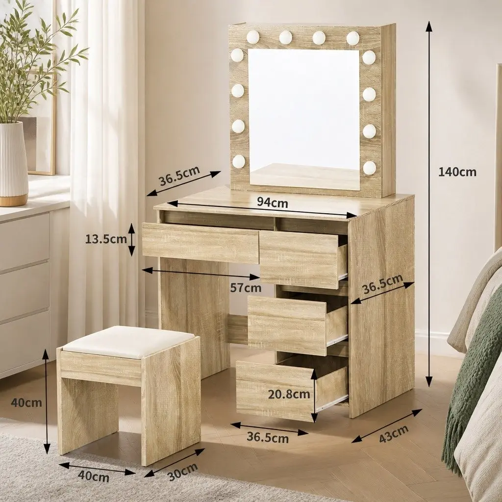 Dressing Table Vanity Set with LED Mirror Oak Size Padded Stool Makeup Storage