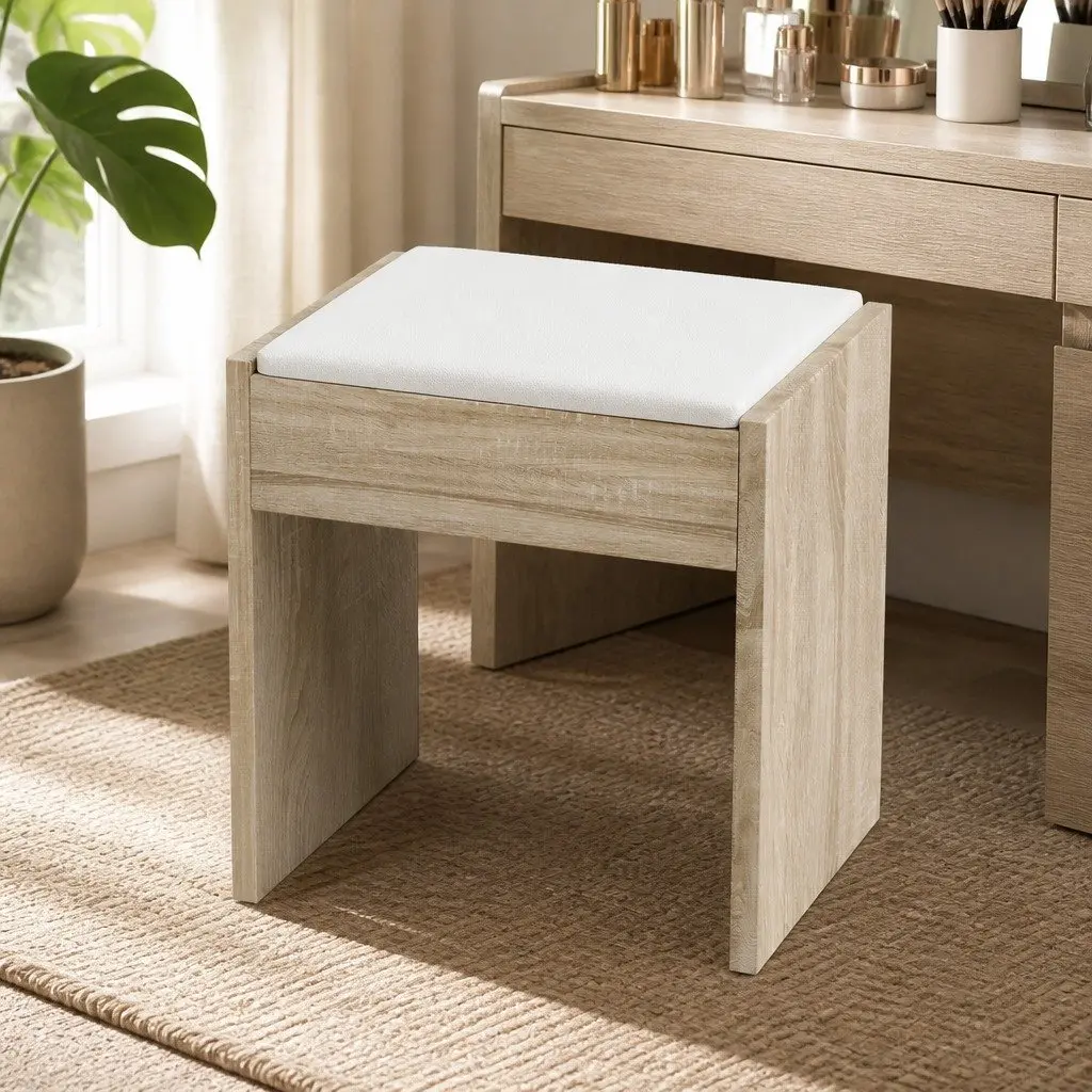 Dressing Table Vanity Set with LED Mirror Oak Size Padded Stool Makeup Storage