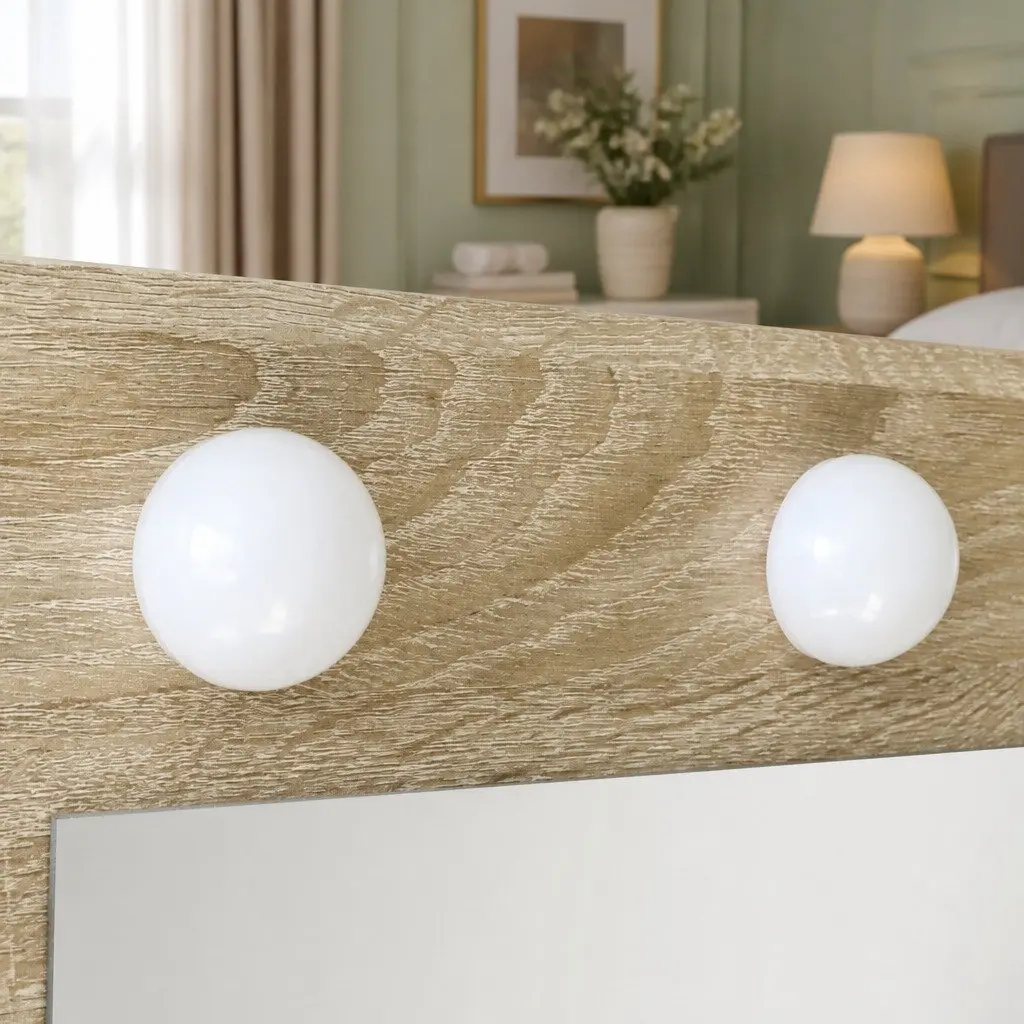 Dressing Table Vanity Set with LED Mirror Oak Size Padded Stool Makeup Storage