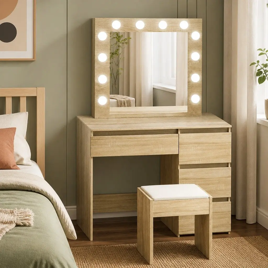 Dressing Table Vanity Set with LED Mirror Oak Size Padded Stool Makeup Storage