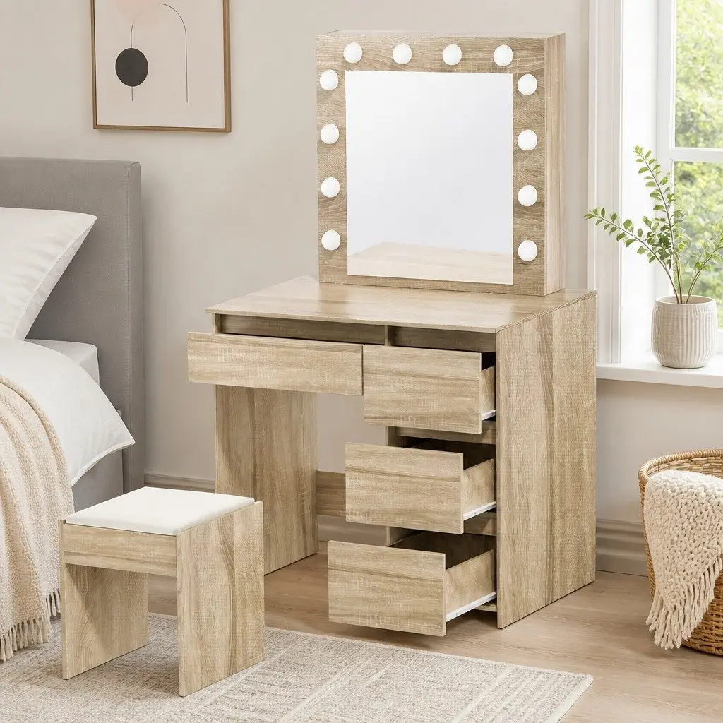 Dressing Table Vanity Set with LED Mirror Oak Size Padded Stool Makeup Storage