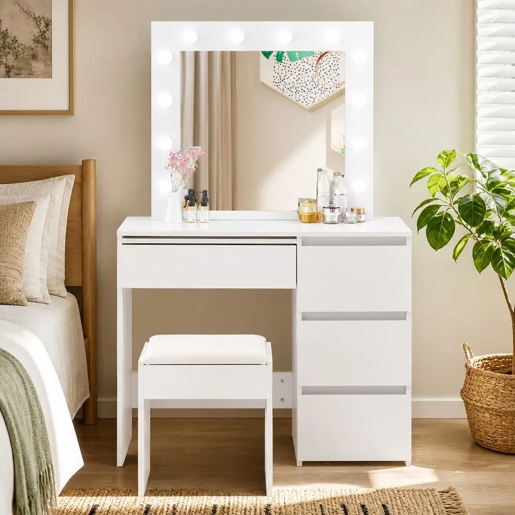 Dressing Table Vanity Set LED Mirror Adjustable Brightness Storage Padded Stool White 94cm x 43cm x 140cm