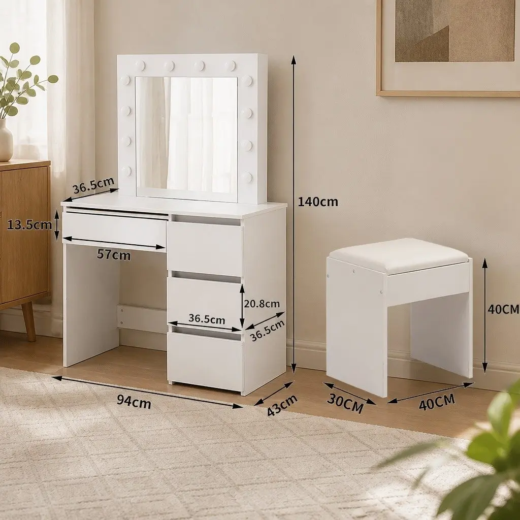 Dressing Table Vanity Set LED Mirror Adjustable Brightness Storage Padded Stool White 94cm x 43cm x 140cm