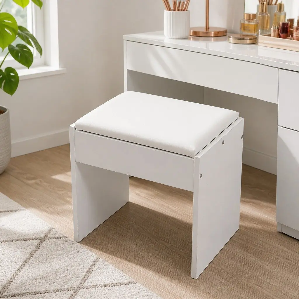 Dressing Table Vanity Set LED Mirror Adjustable Brightness Storage Padded Stool White 94cm x 43cm x 140cm