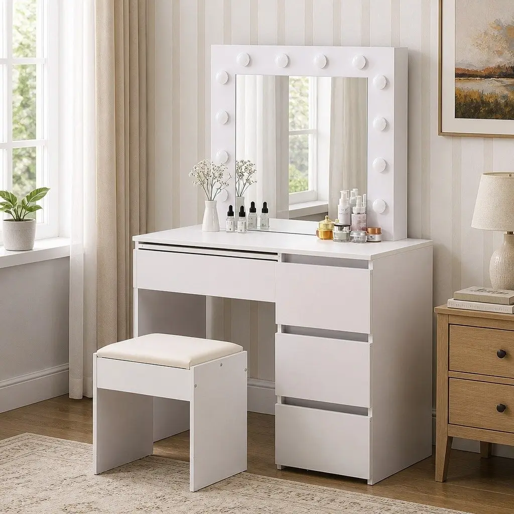 Dressing Table Vanity Set LED Mirror Adjustable Brightness Storage Padded Stool White 94cm x 43cm x 140cm