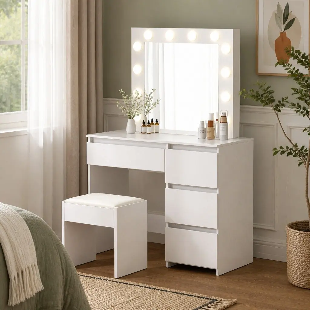 Dressing Table Vanity Set LED Mirror Adjustable Brightness Storage Padded Stool White 94cm x 43cm x 140cm
