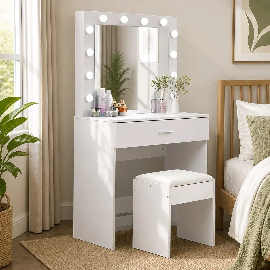 Dressing Table Set with LED Mirror Makeup Vanity Stool Storage Drawers