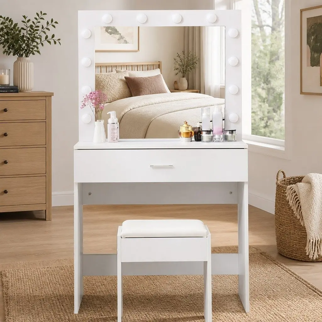 Dressing Table Set LED Mirror Adjustable Brightness 80cm x 42cm x 140cm