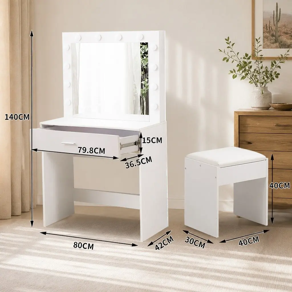 Dressing Table Set LED Mirror Adjustable Brightness 80cm x 42cm x 140cm