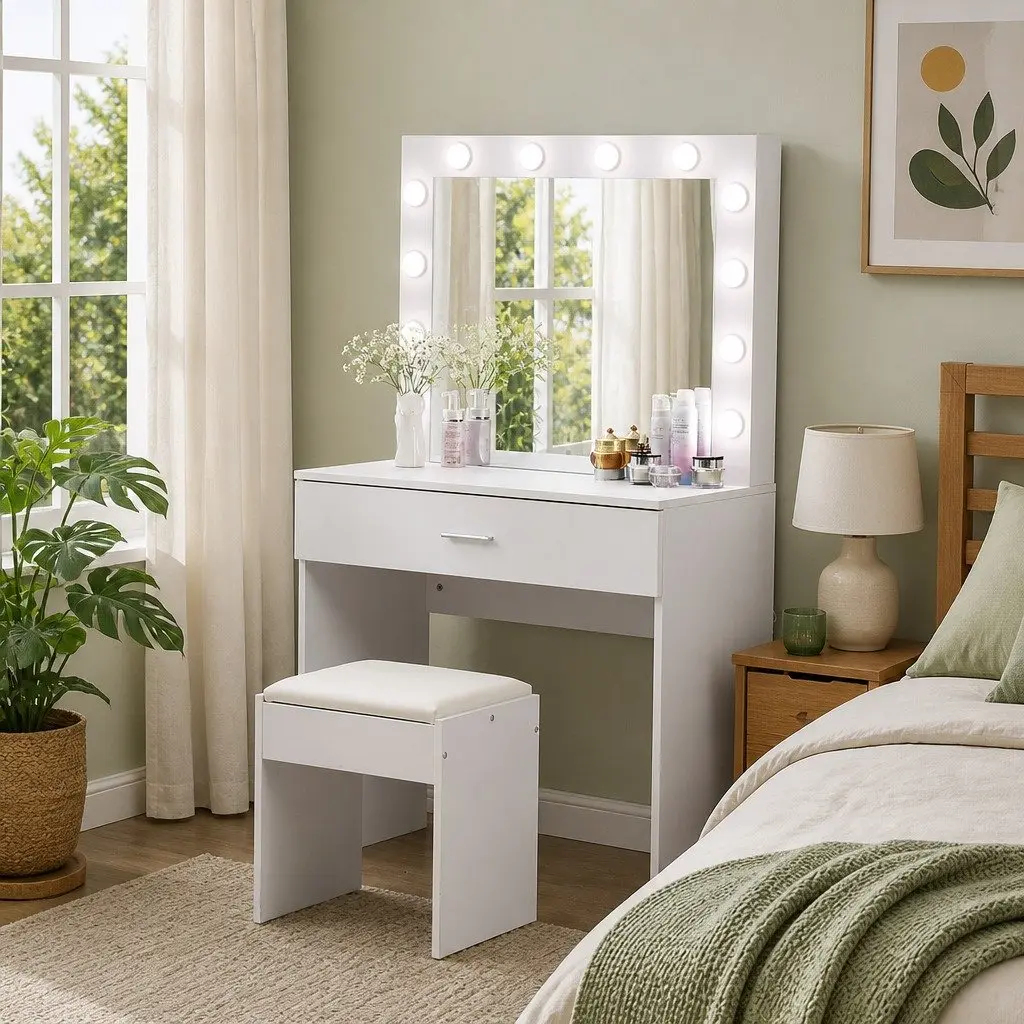 Dressing Table Set LED Mirror Adjustable Brightness 80cm x 42cm x 140cm