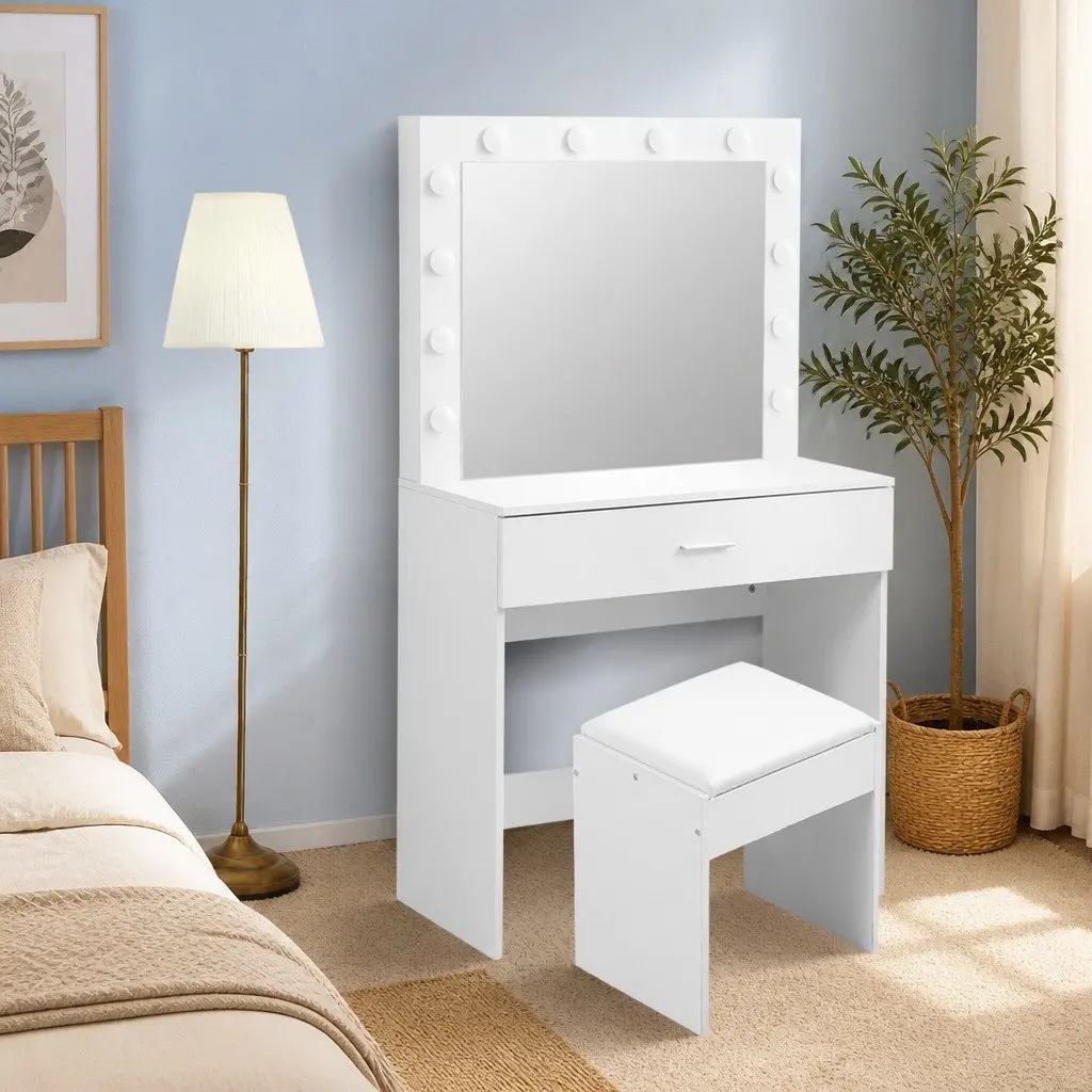 Dressing Table Set LED Mirror Adjustable Brightness 80cm x 42cm x 140cm