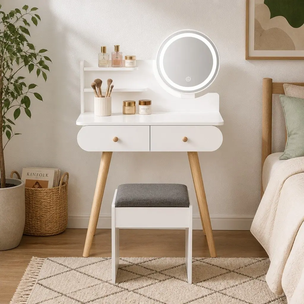 Dressing Table with LED Mirror 2 Drawers 2 Shelves White