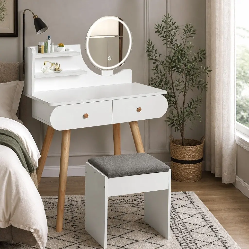 Dressing Table with LED Mirror 2 Drawers 2 Shelves White