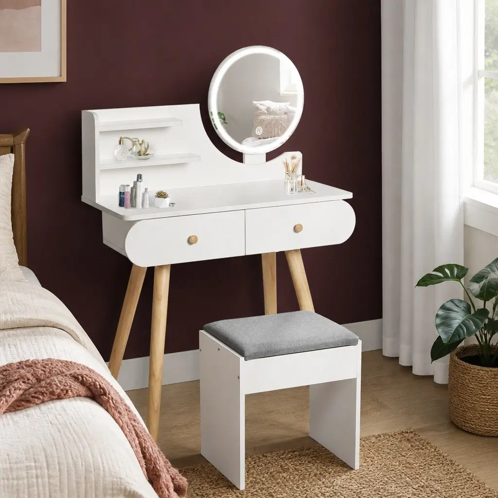 Dressing Table with LED Mirror 2 Drawers 2 Shelves White