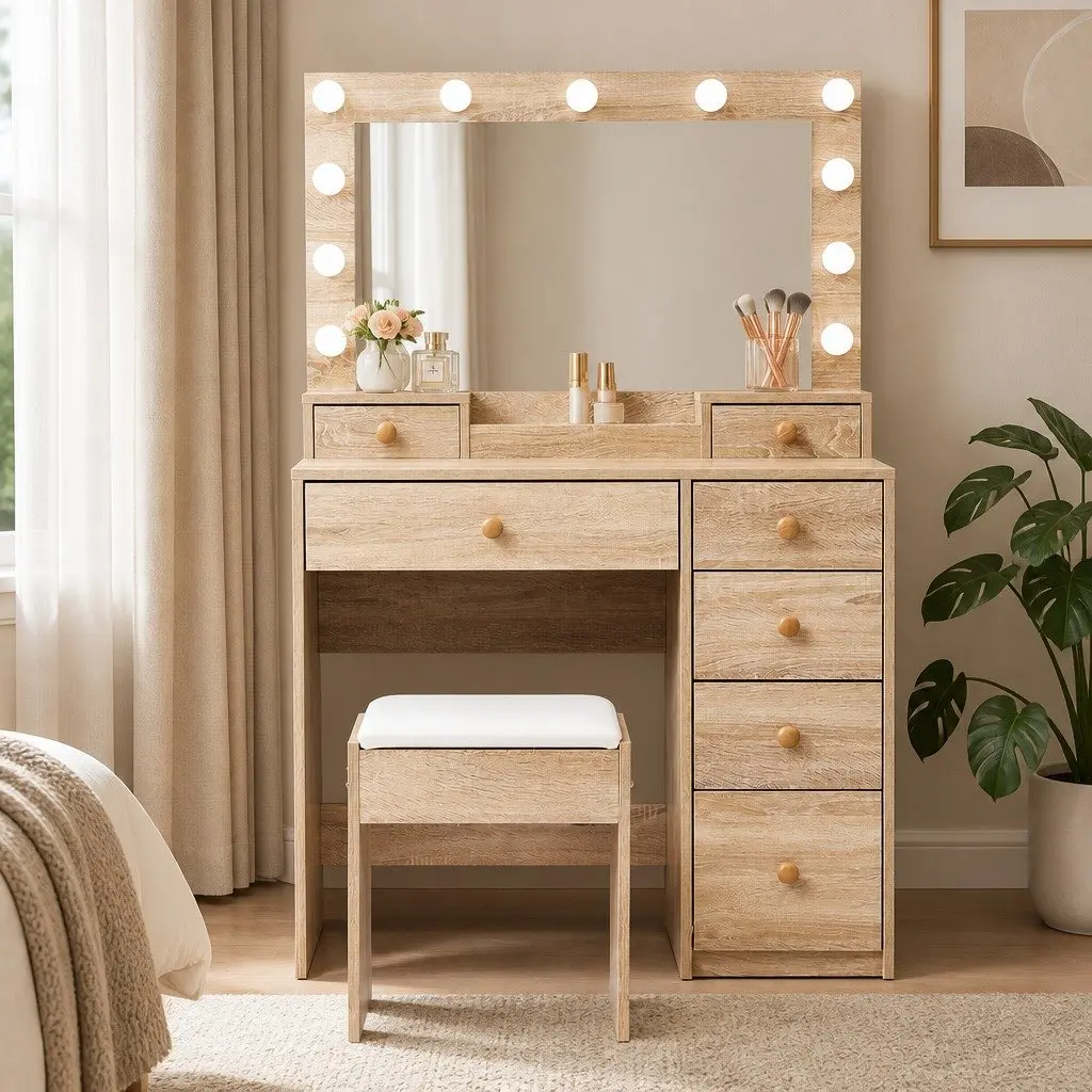 Dressing Table Set LED Mirror Oak 90cm with 7 Drawers and Stool
