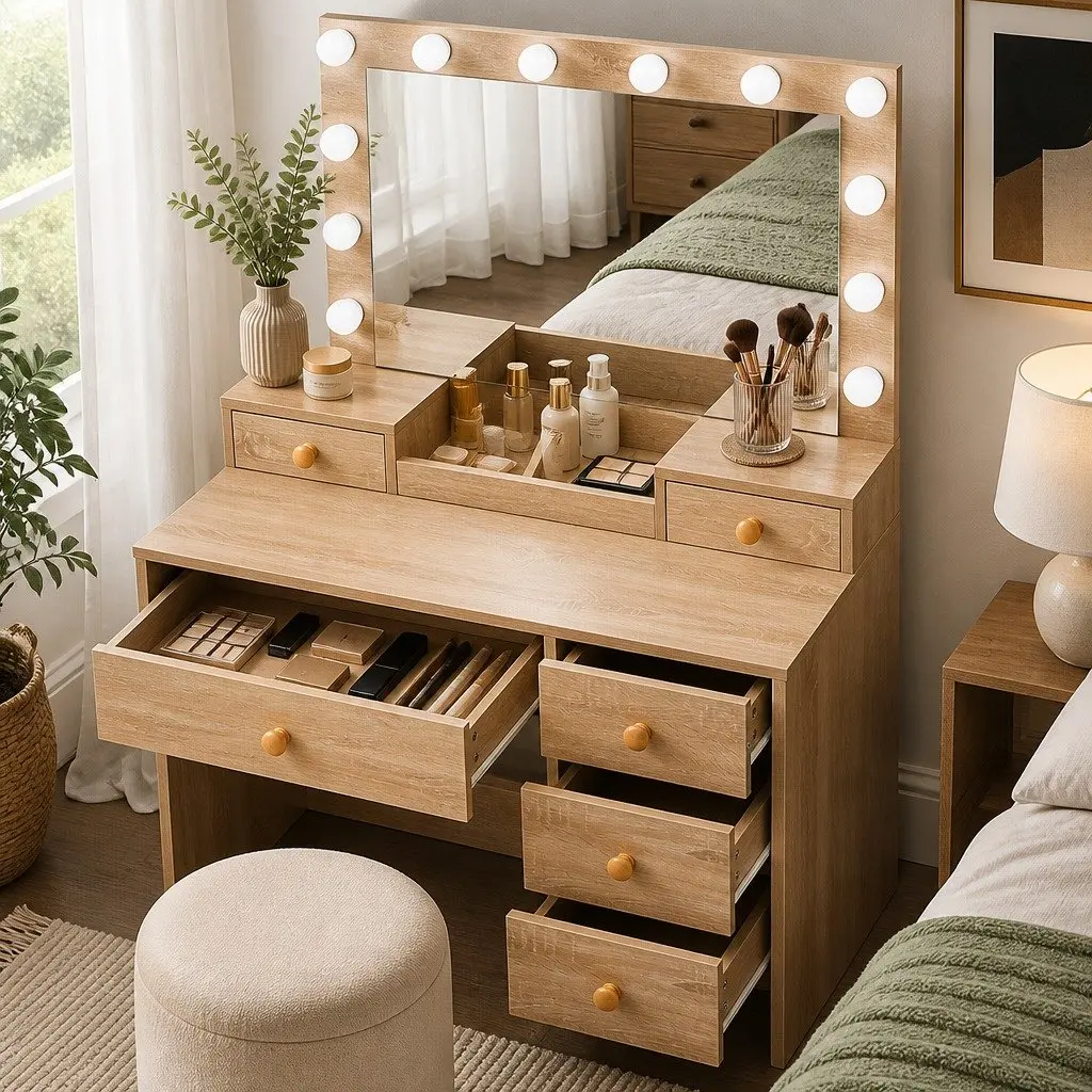 Dressing Table Set LED Mirror Oak 90cm with 7 Drawers and Stool
