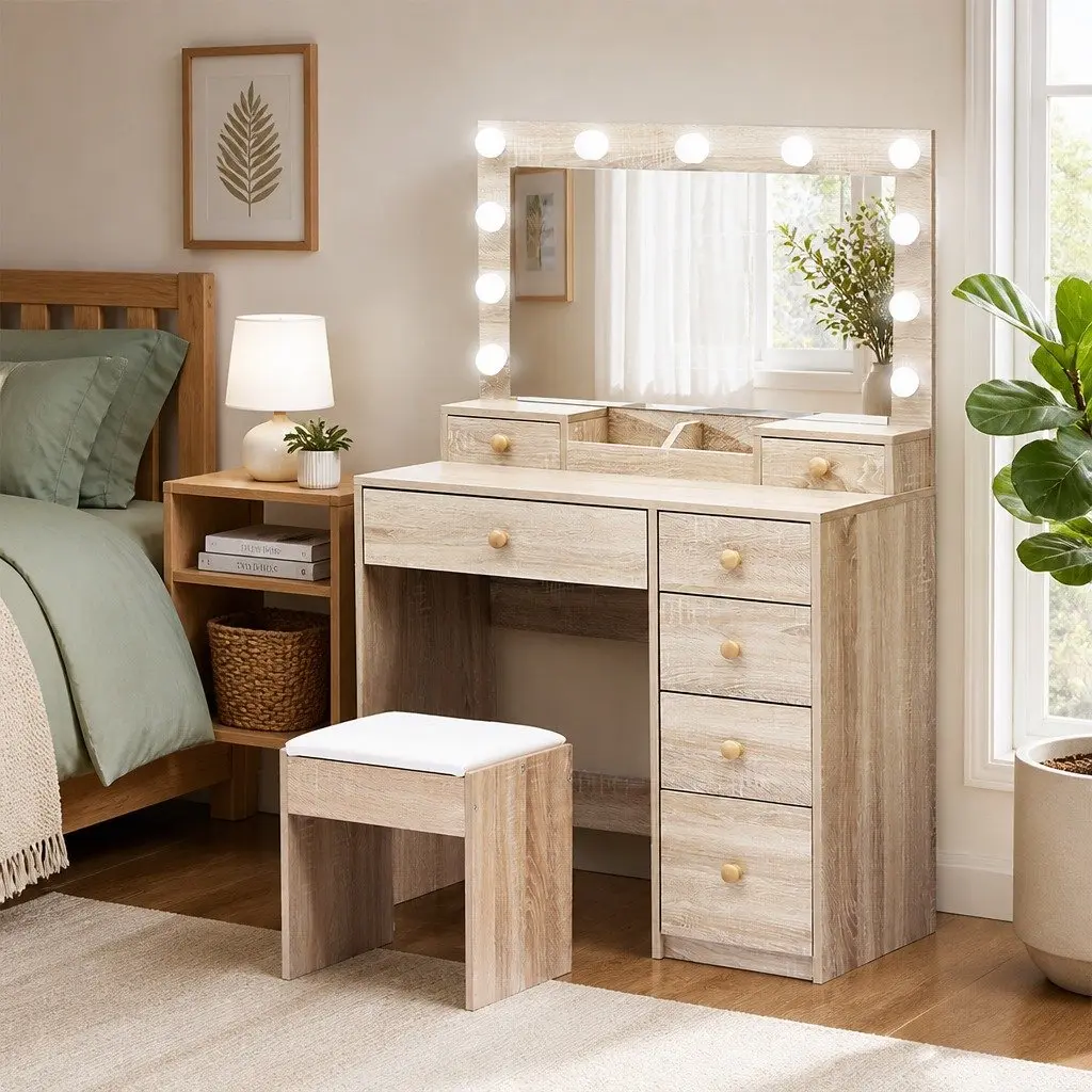 Dressing Table Set LED Mirror Oak 90cm with 7 Drawers and Stool